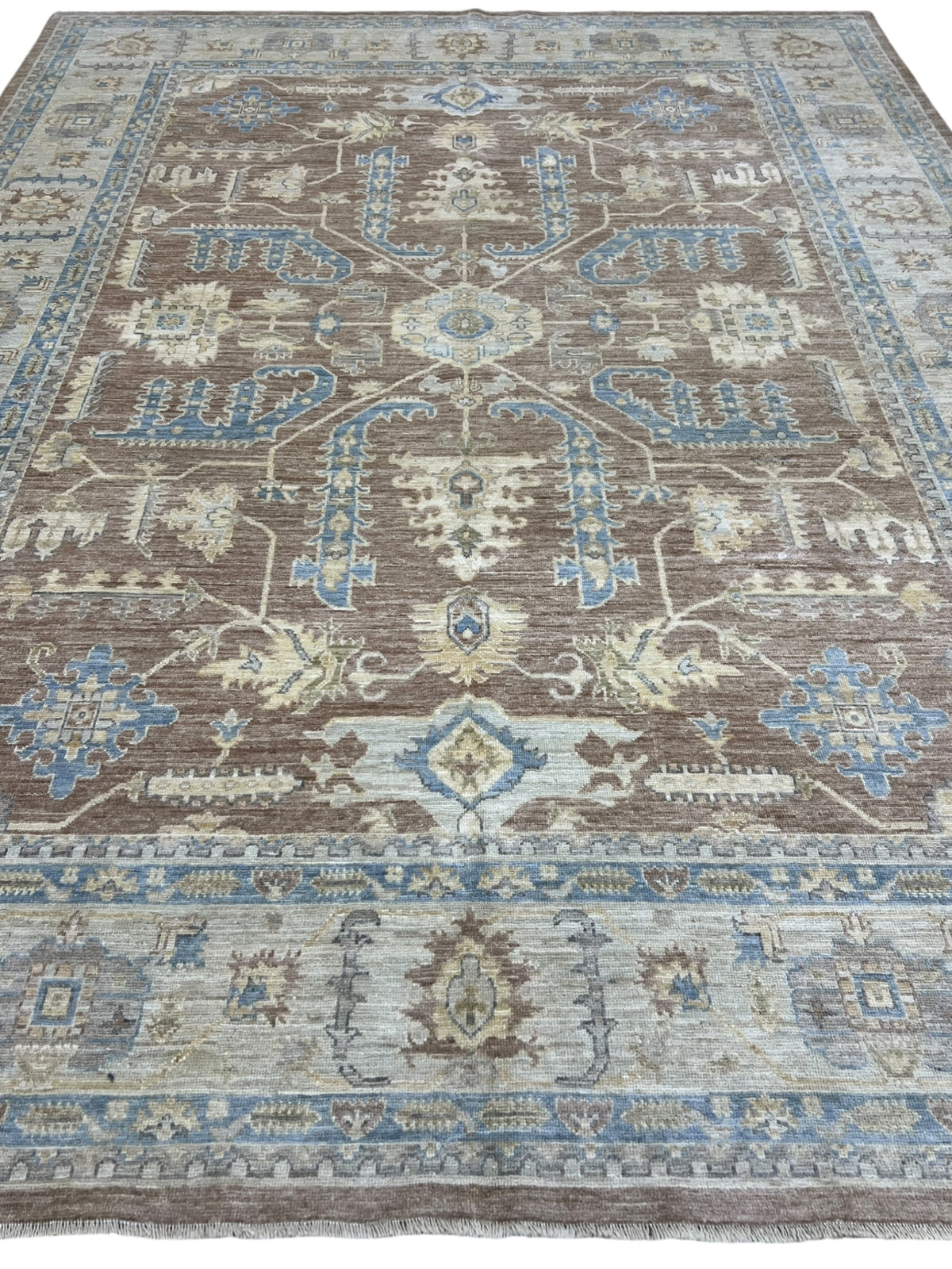 Oushak Rug 9x12 | Brown, Light Blue & Ivory | Hand-Knotted Wool