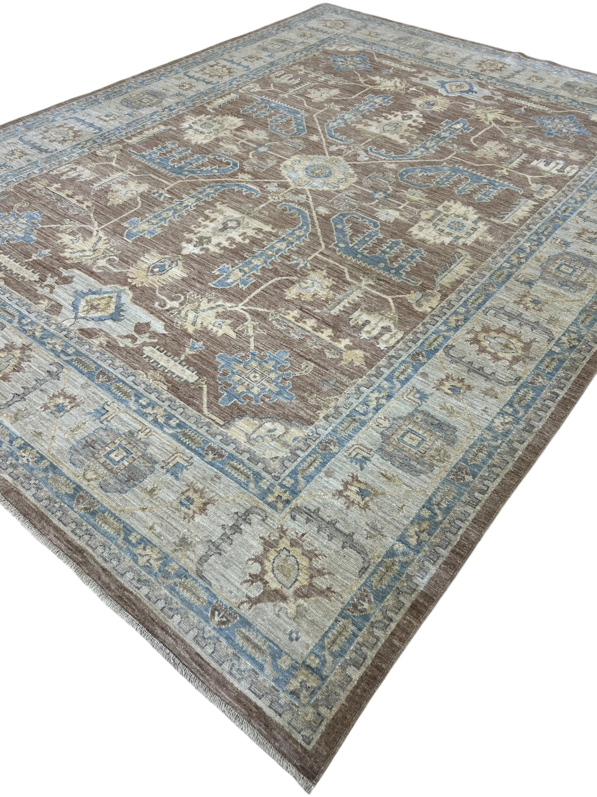 Oushak Rug 9x12 | Brown, Light Blue & Ivory | Hand-Knotted Wool