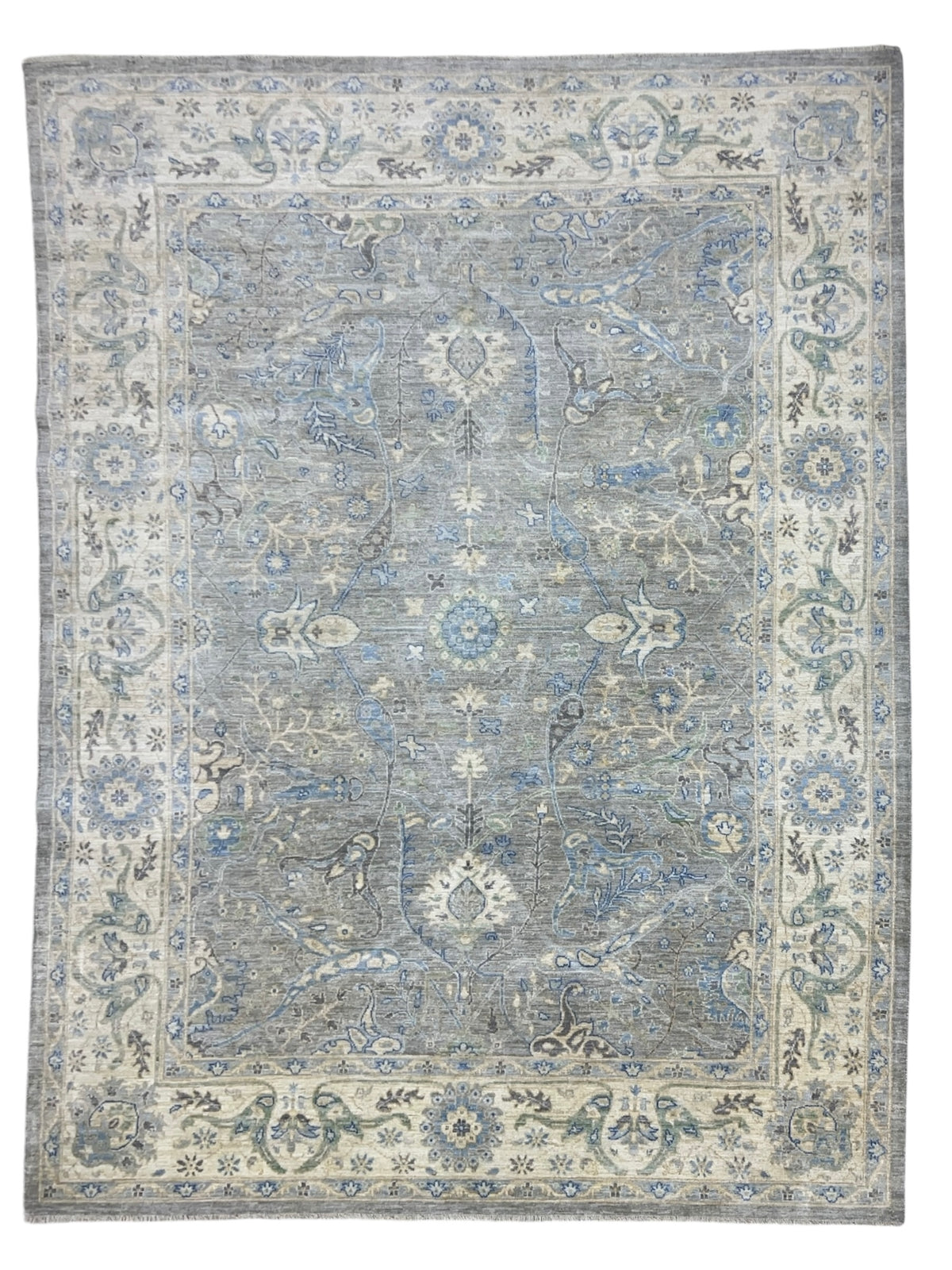 Oushak Rug 9x12 | Gray, Ivory & Blue | Hand-Knotted Wool