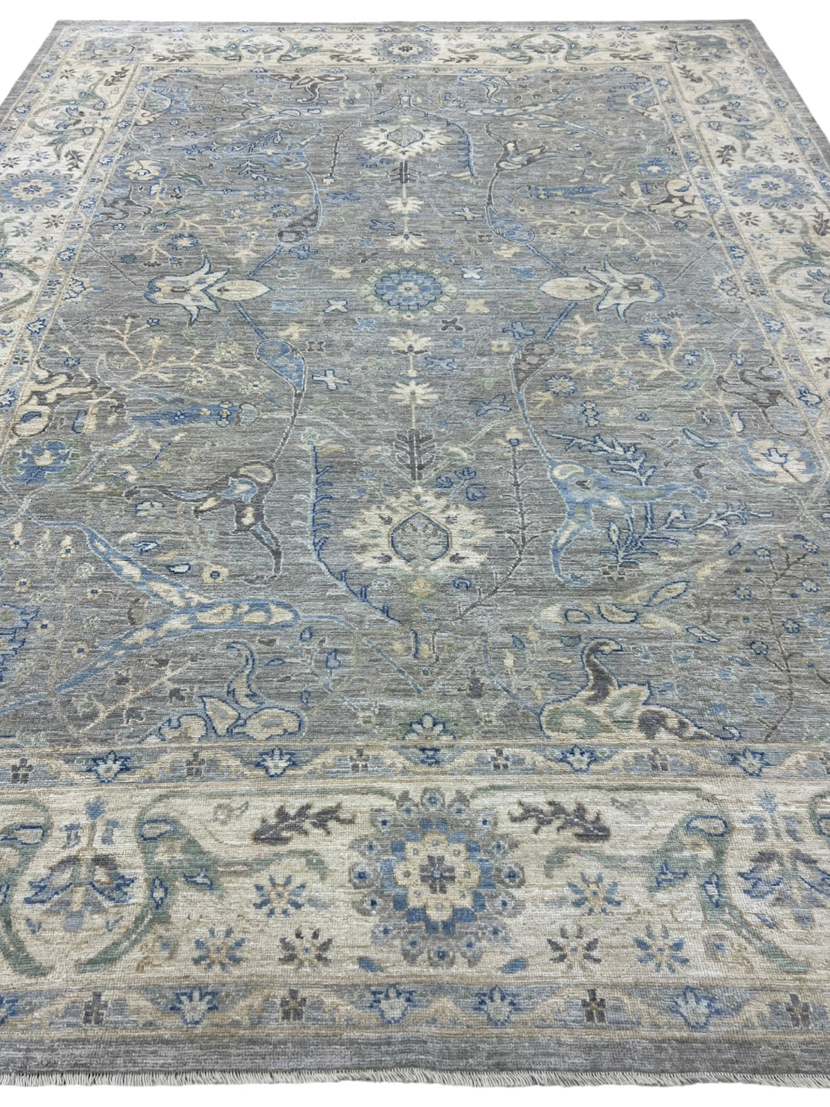 Oushak Rug 9x12 | Gray, Ivory & Blue | Hand-Knotted Wool