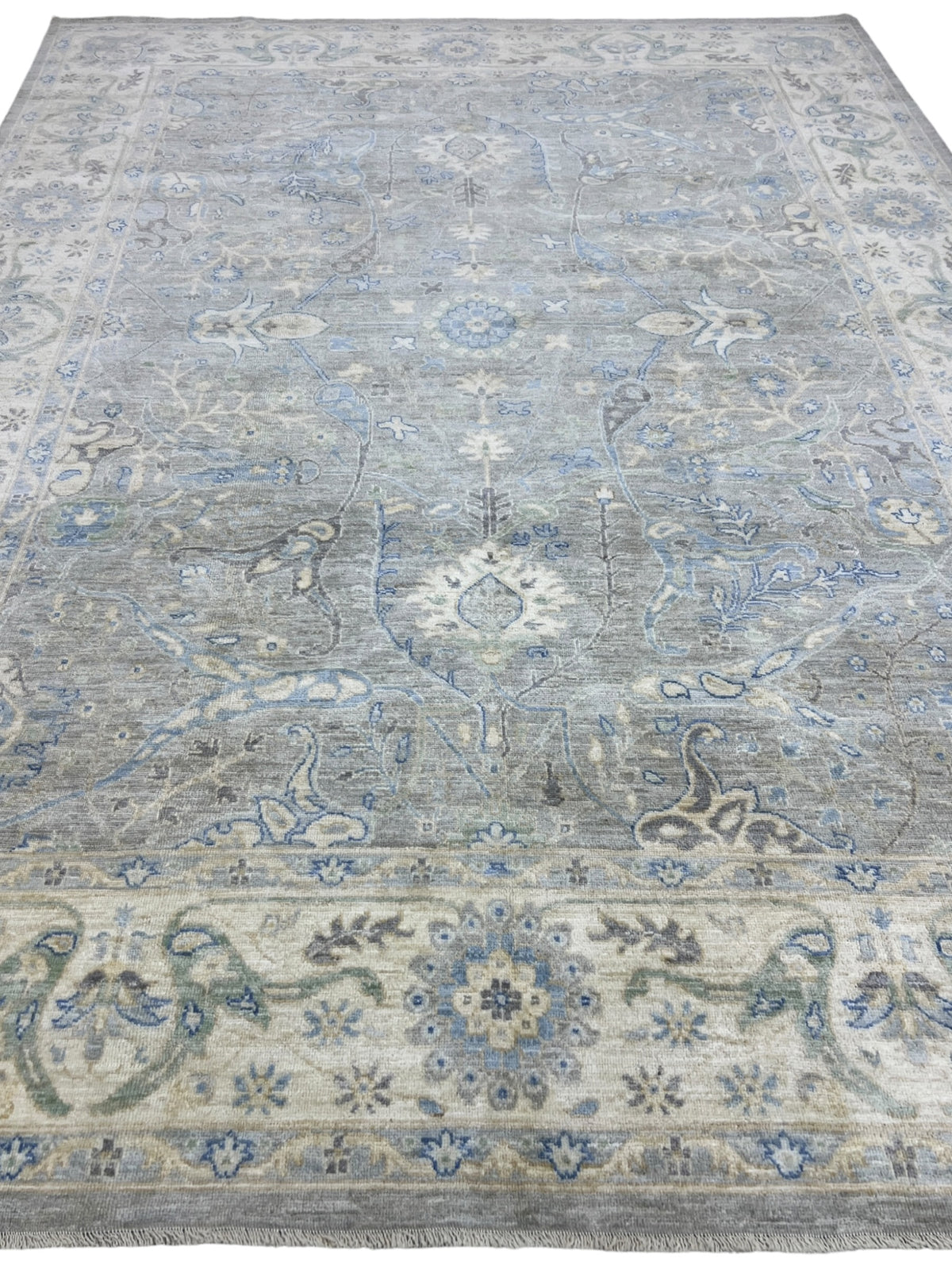 Oushak Rug 9x12 | Gray, Ivory & Blue | Hand-Knotted Wool