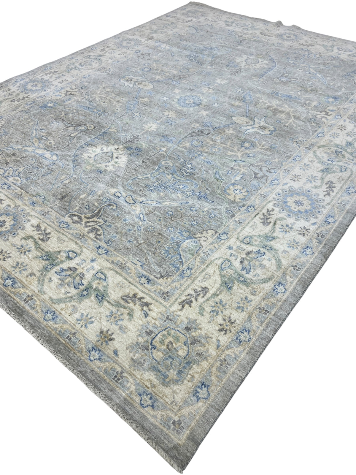 Oushak Rug 9x12 | Gray, Ivory & Blue | Hand-Knotted Wool
