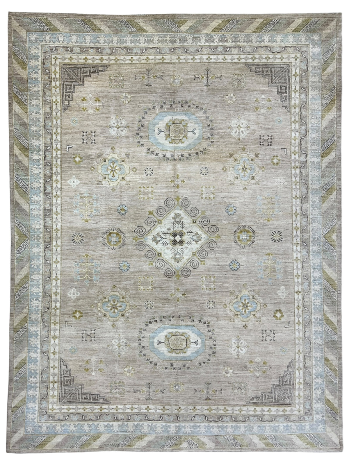 Khotan Rug 9x12 | Taupe, Ivory & Light Blue | Hand-Knotted Wool