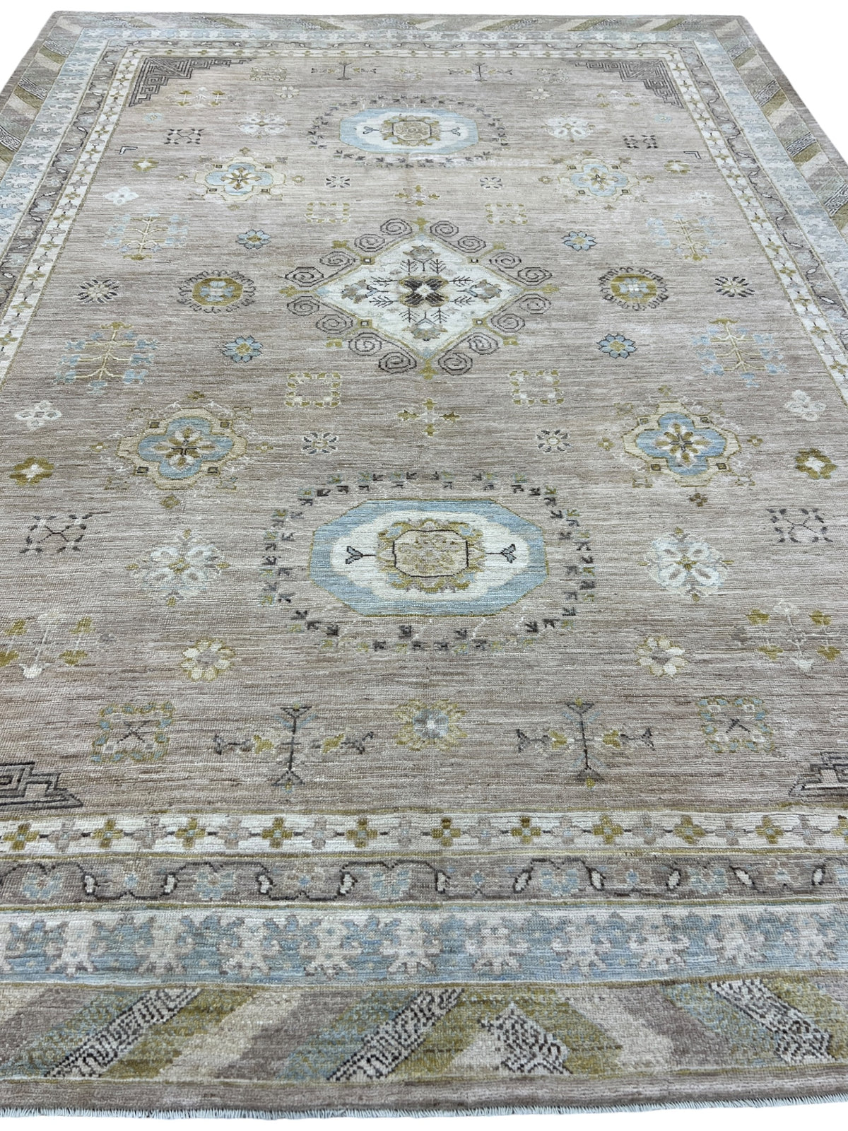 Khotan Rug 9x12 | Taupe, Ivory & Light Blue | Hand-Knotted Wool