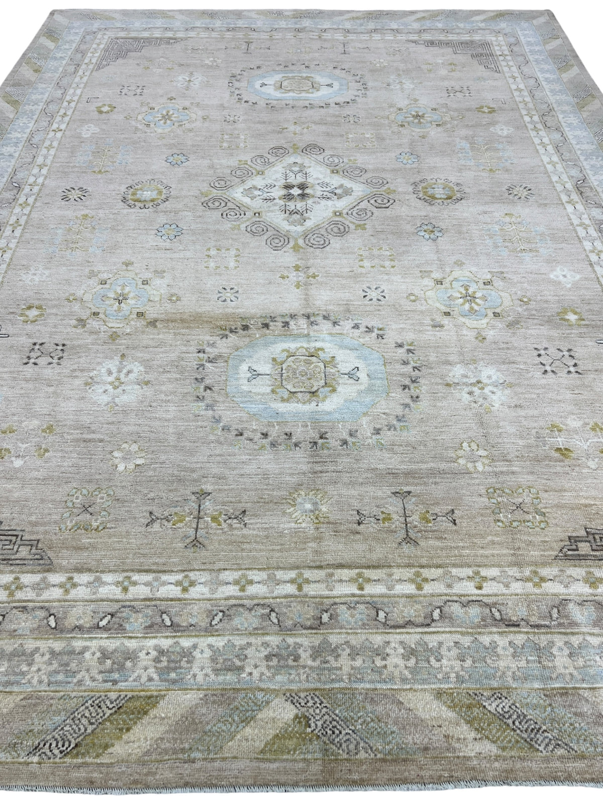 Khotan Rug 9x12 | Taupe, Ivory & Light Blue | Hand-Knotted Wool