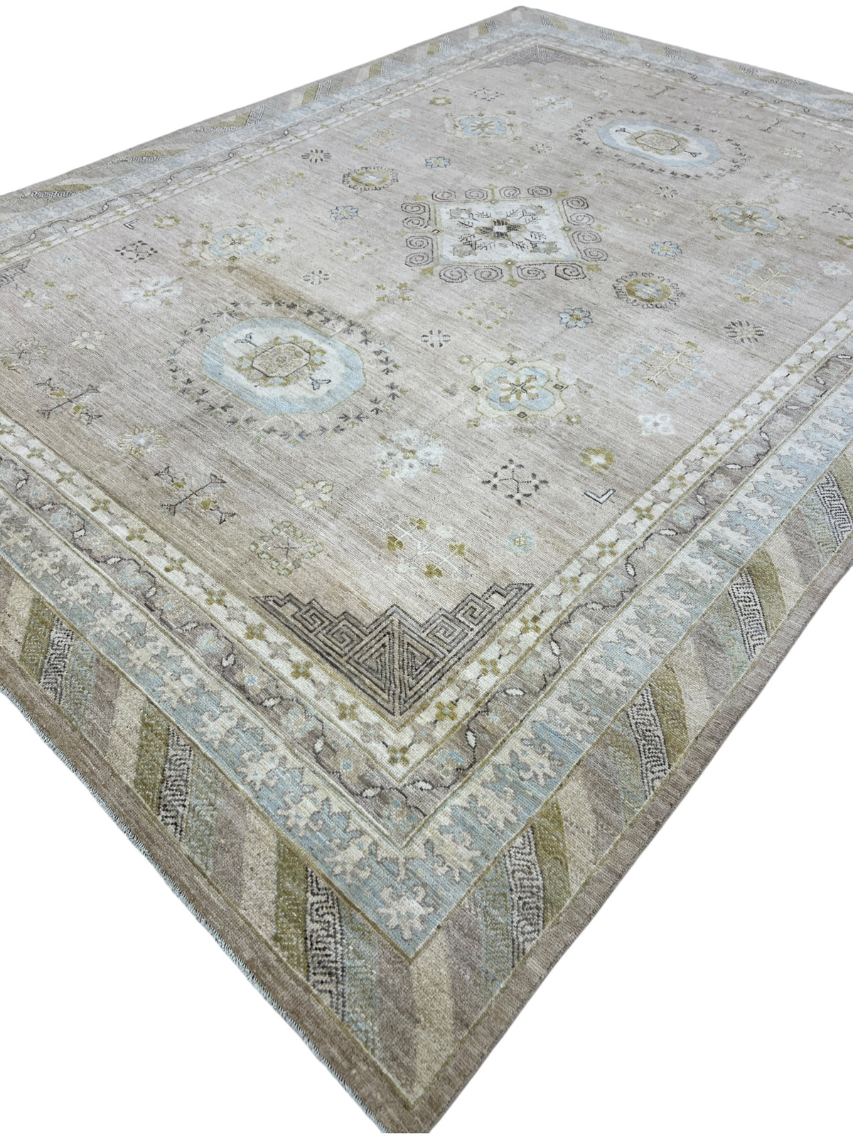 Khotan Rug 9x12 | Taupe, Ivory & Light Blue | Hand-Knotted Wool