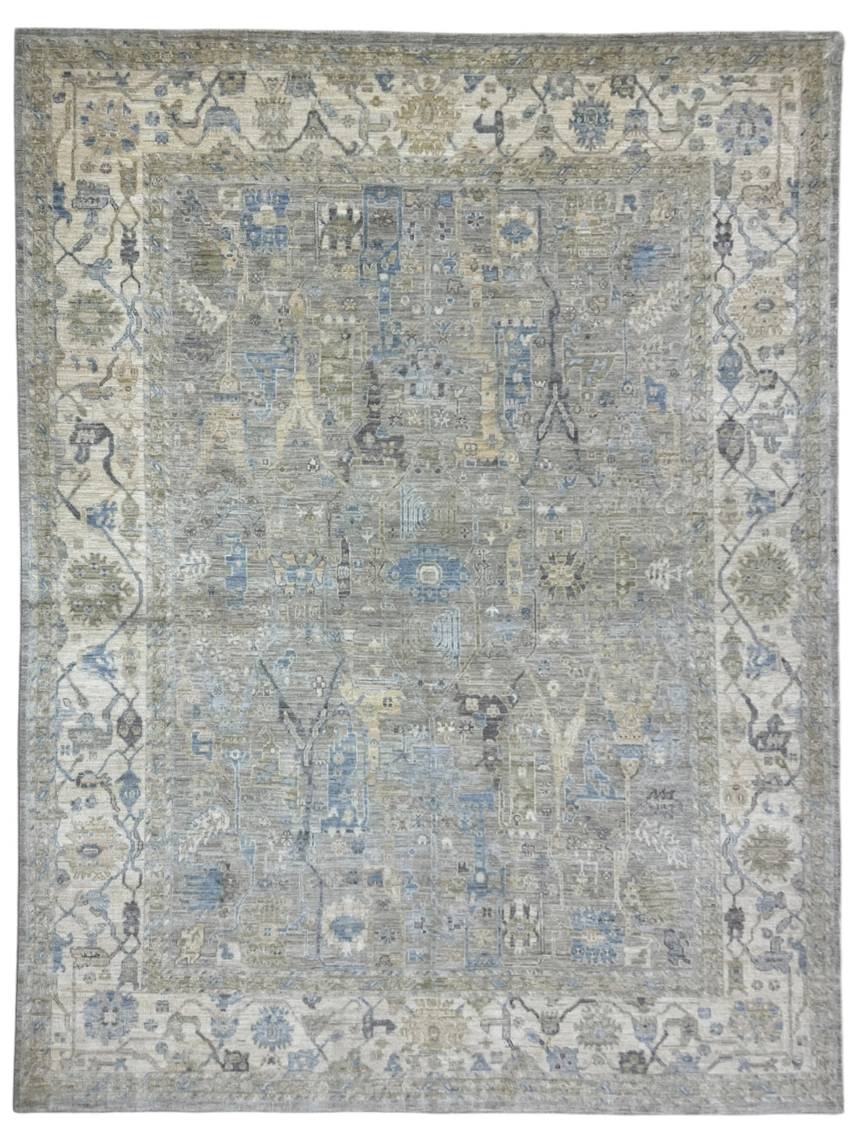Oushak Rug 9x12 | Gray, Ivory & Blue | Hand-Knotted Wool