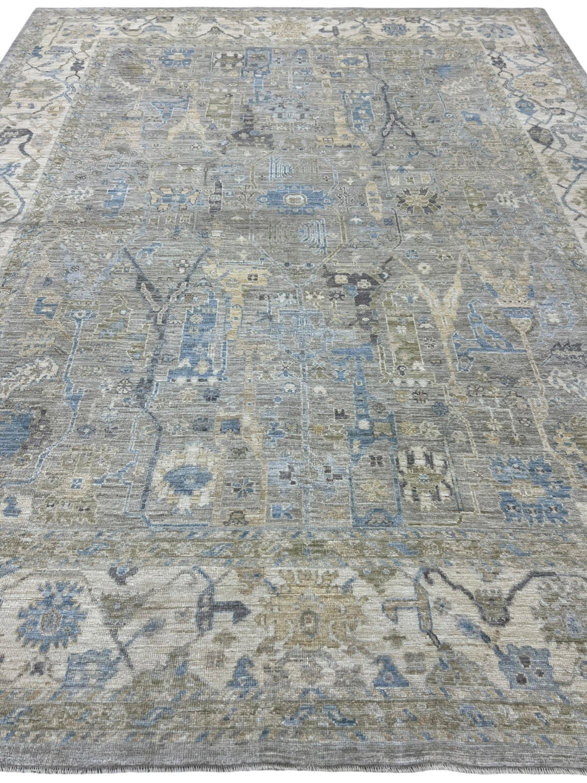 Oushak Rug 9x12 | Gray, Ivory & Blue | Hand-Knotted Wool