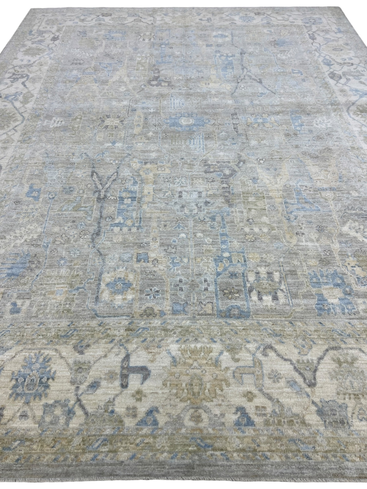 Oushak Rug 9x12 | Gray, Ivory & Blue | Hand-Knotted Wool