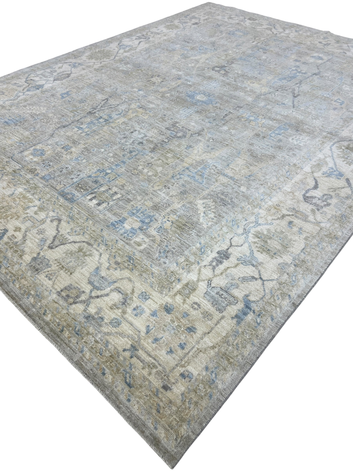 Oushak Rug 9x12 | Gray, Ivory & Blue | Hand-Knotted Wool