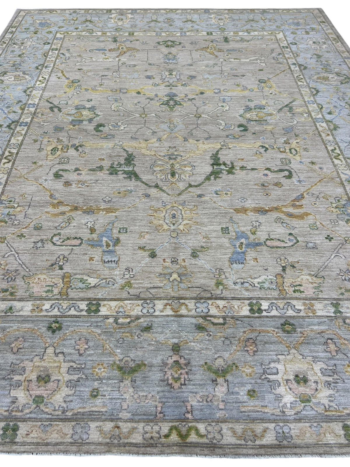 Oushak Rug 9x12 | Light Blue, Taupe & Green | Hand-Knotted Wool