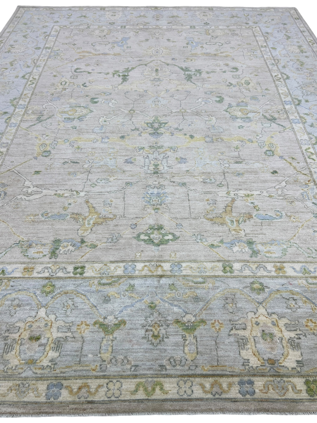 Oushak Rug 9x12 | Light Blue, Taupe & Green | Hand-Knotted Wool