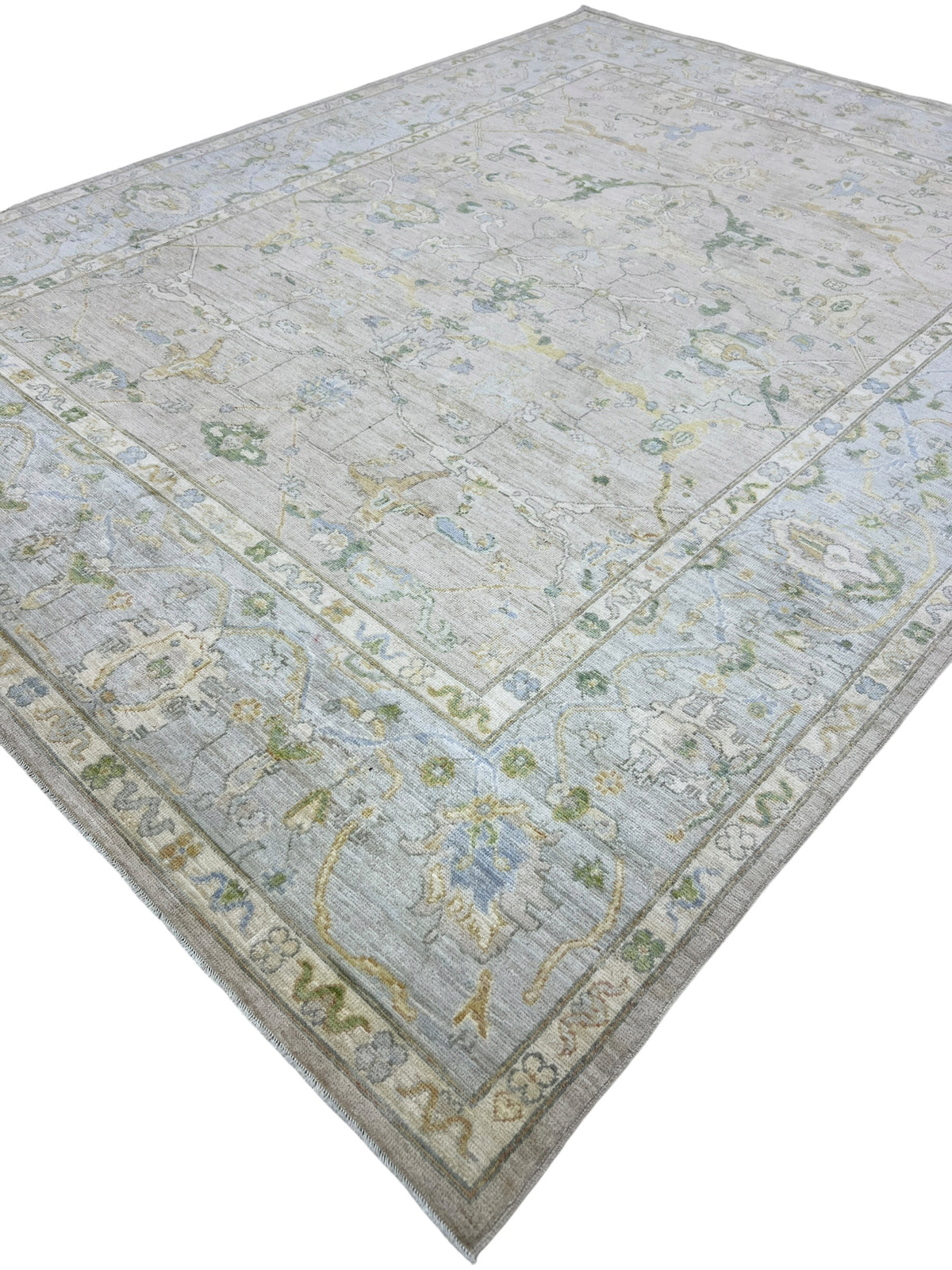 Oushak Rug 9x12 | Light Blue, Taupe & Green | Hand-Knotted Wool
