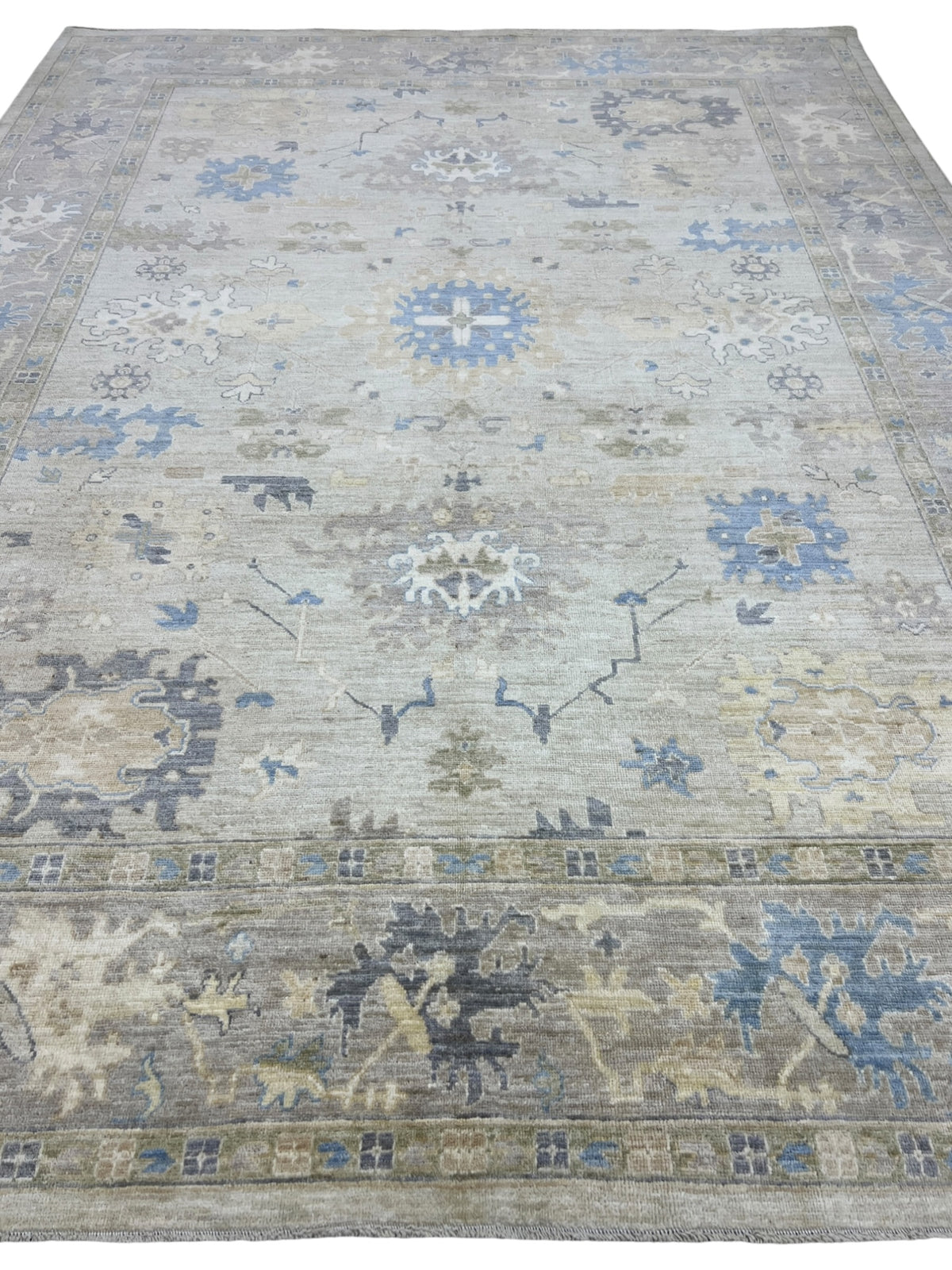 Oushak Rug 9x12 | Gray, Ivory & Blue | Hand-Knotted Wool