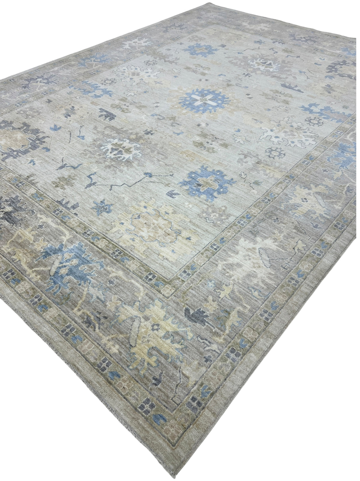 Oushak Rug 9x12 | Gray, Ivory & Blue | Hand-Knotted Wool