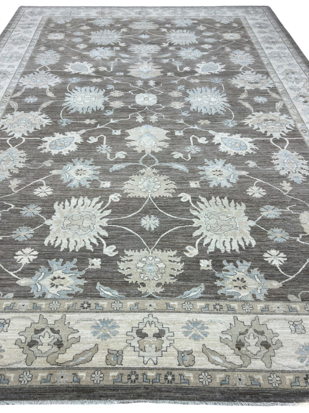 Oushak Rug 12x18 | Taupe, Ivory & Light Blue | Hand-Knotted Wool