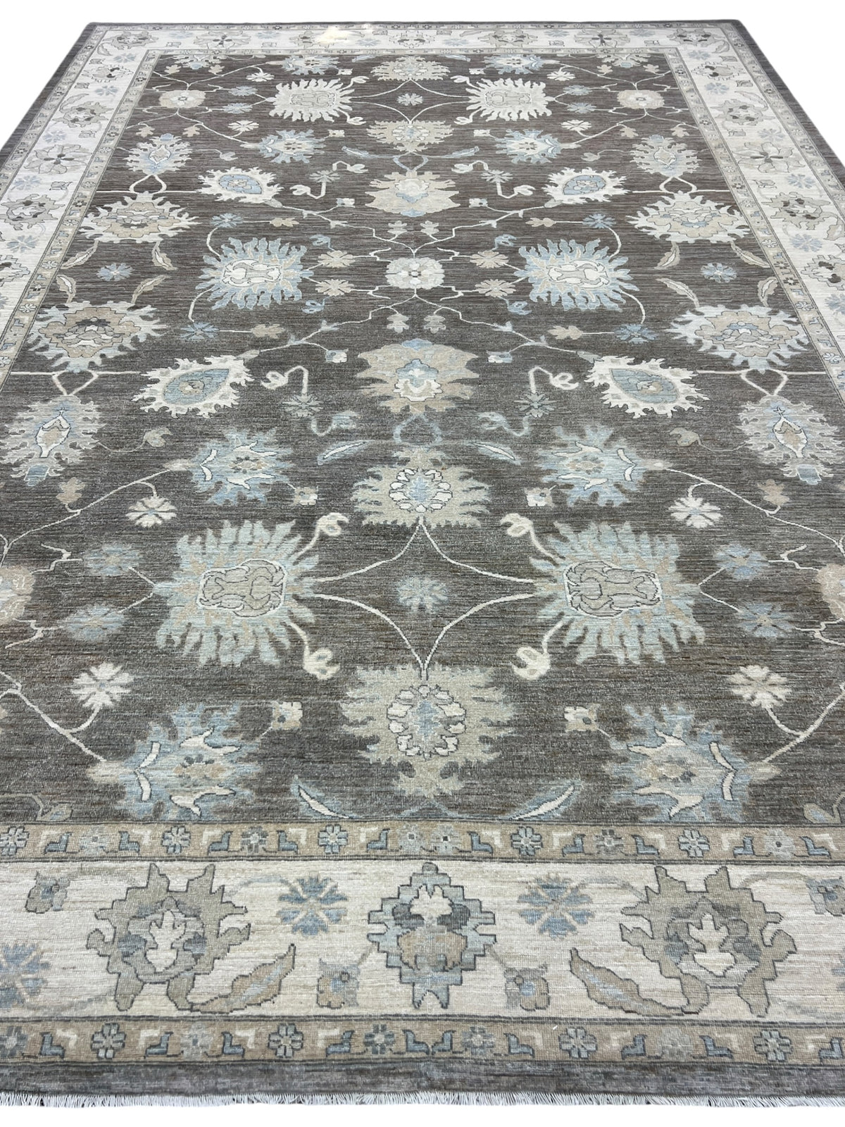 Oushak Rug 12x18 | Taupe, Ivory & Light Blue | Hand-Knotted Wool