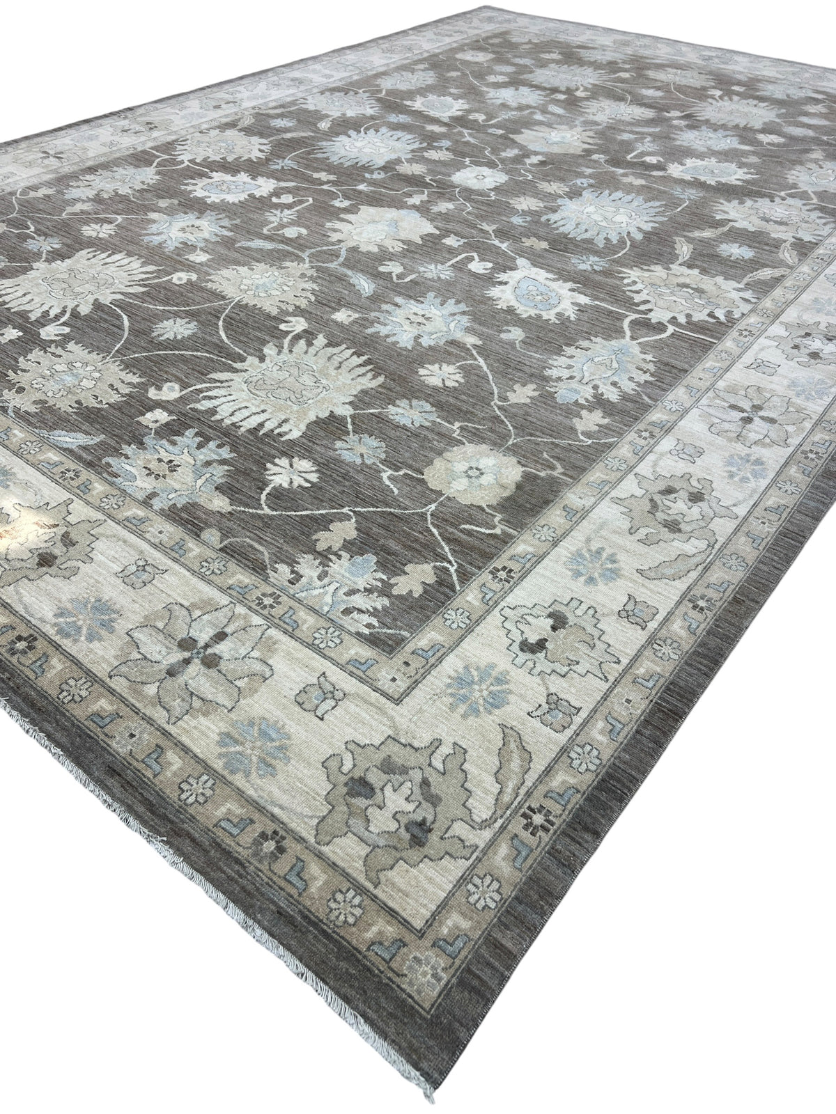 Oushak Rug 12x18 | Taupe, Ivory & Light Blue | Hand-Knotted Wool