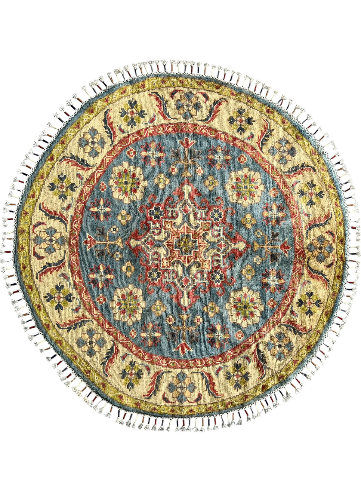 Round Kazak Rug 3' | Gray, Gold & Red | Hand-Knotted Wool