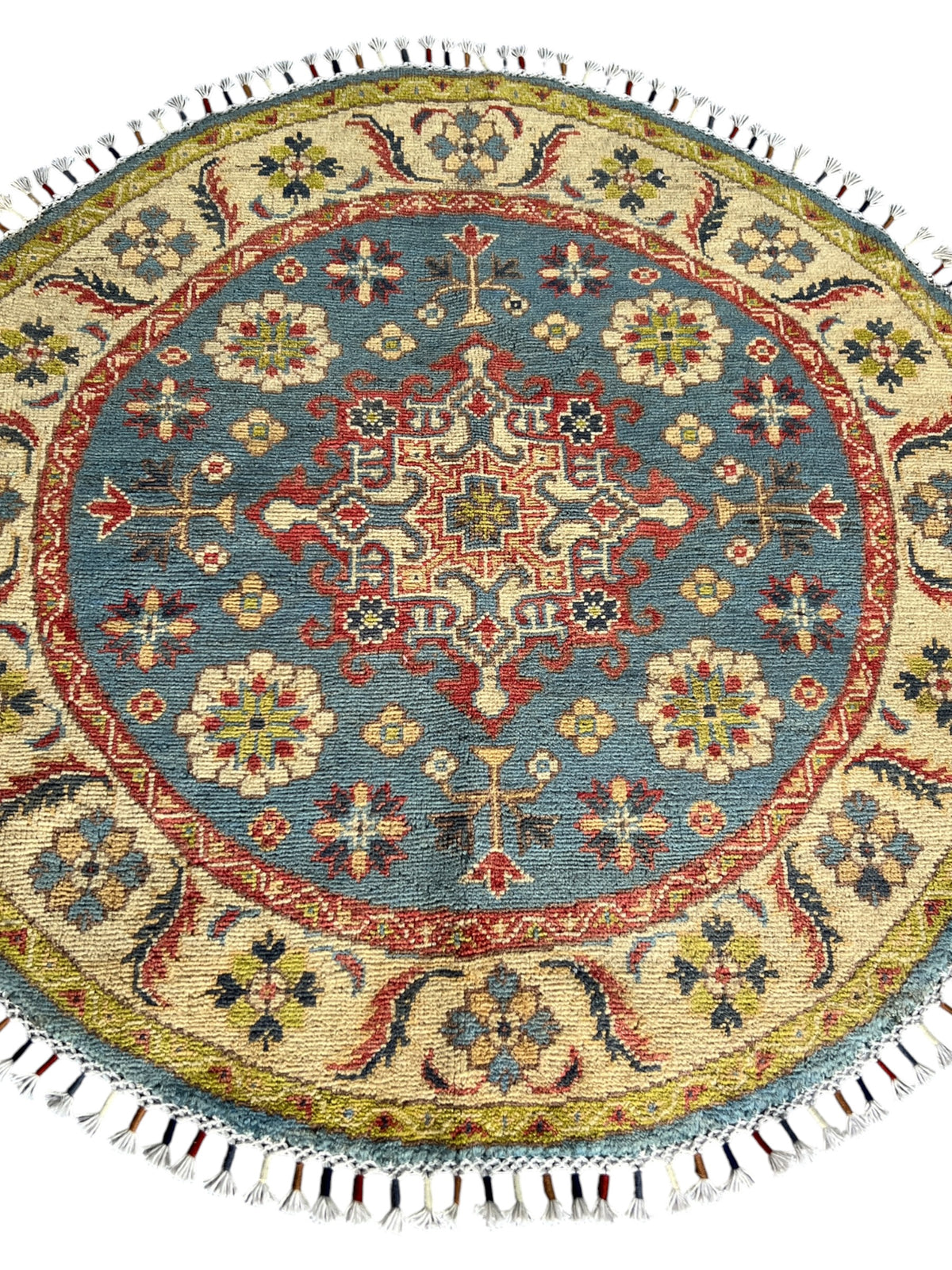 Round Kazak Rug 3' | Gray, Gold & Red | Hand-Knotted Wool