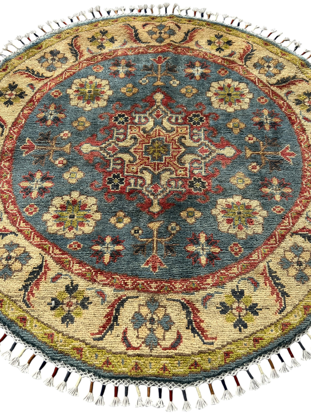Round Kazak Rug 3' | Gray, Gold & Red | Hand-Knotted Wool