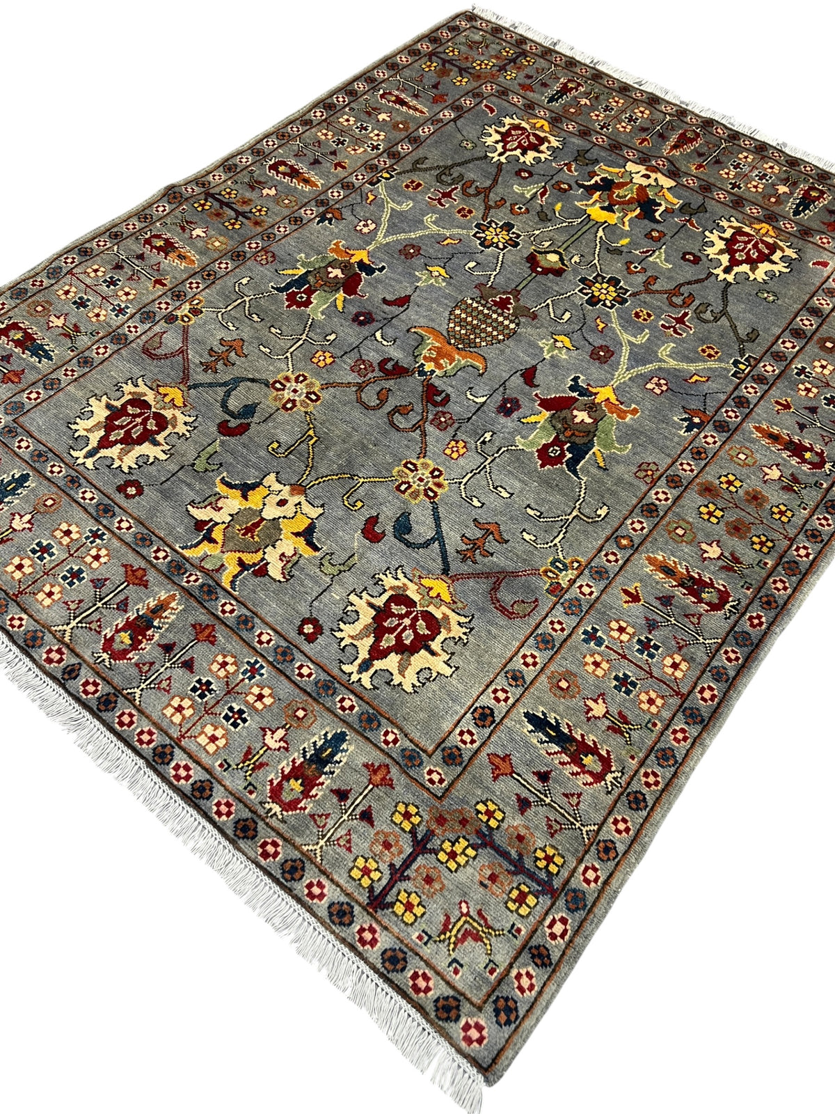 Kazak Rug 5x6 | Gray, Gold & Red | Hand-Knotted Wool