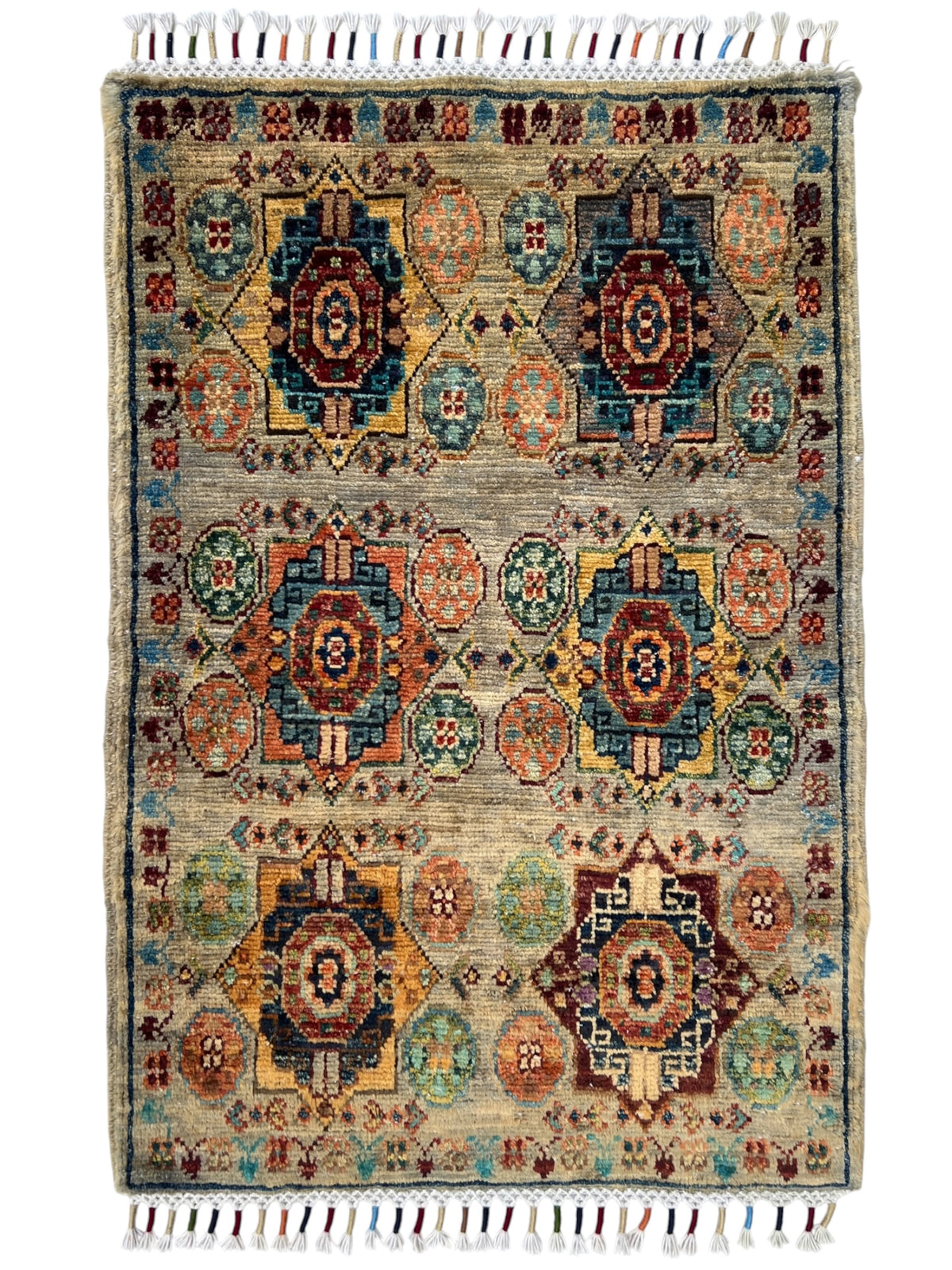 Chobi Mamluk Rug 2x3 | Taupe, Rust & Navy | Hand-Knotted Wool