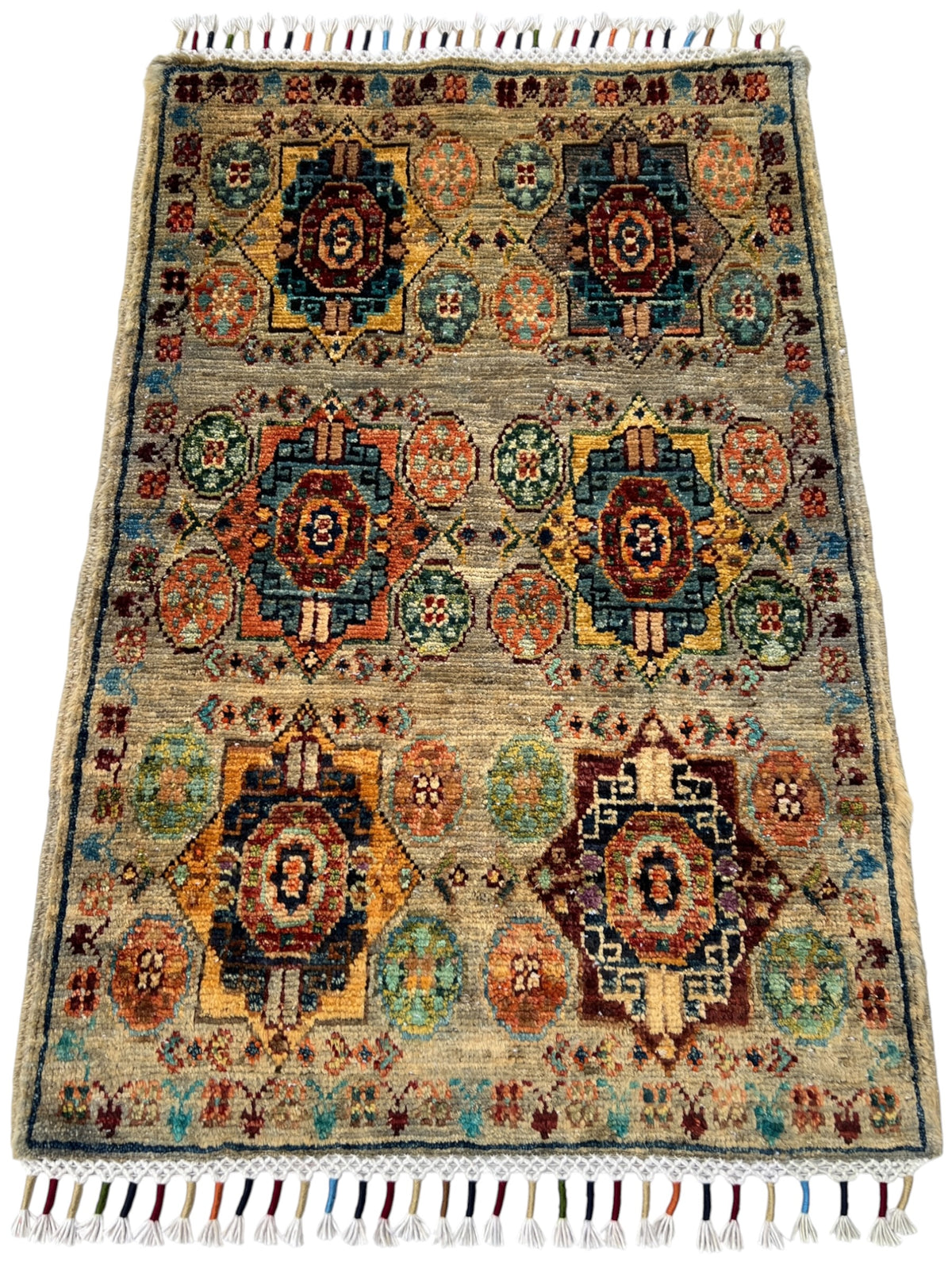 Chobi Mamluk Rug 2x3 | Taupe, Rust & Navy | Hand-Knotted Wool