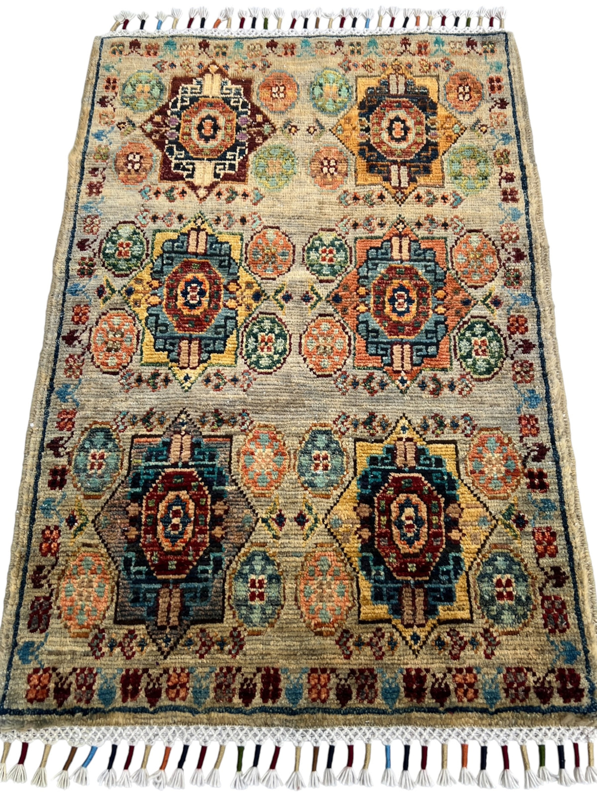 Chobi Mamluk Rug 2x3 | Taupe, Rust & Navy | Hand-Knotted Wool