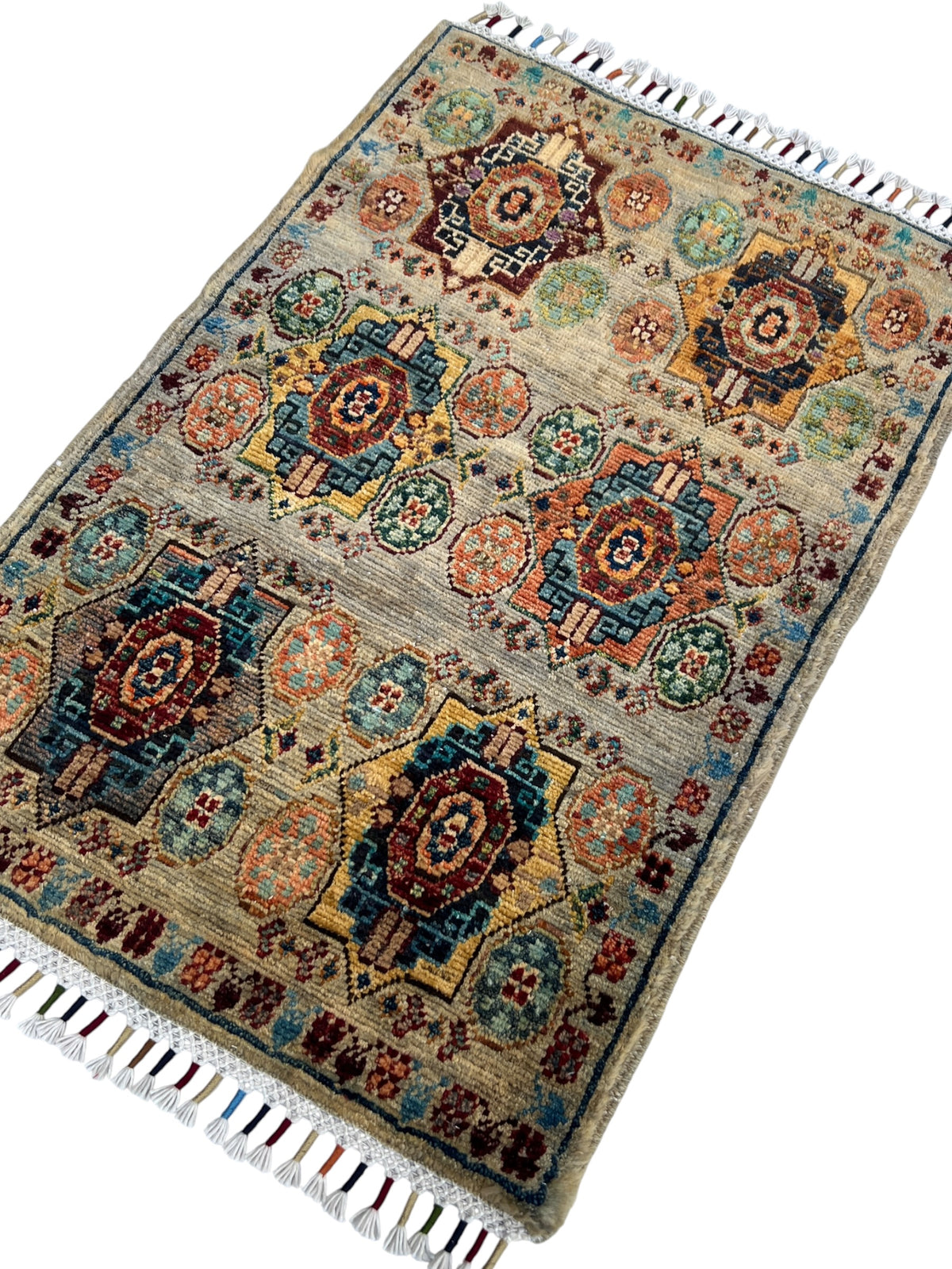 Chobi Mamluk Rug 2x3 | Taupe, Rust & Navy | Hand-Knotted Wool