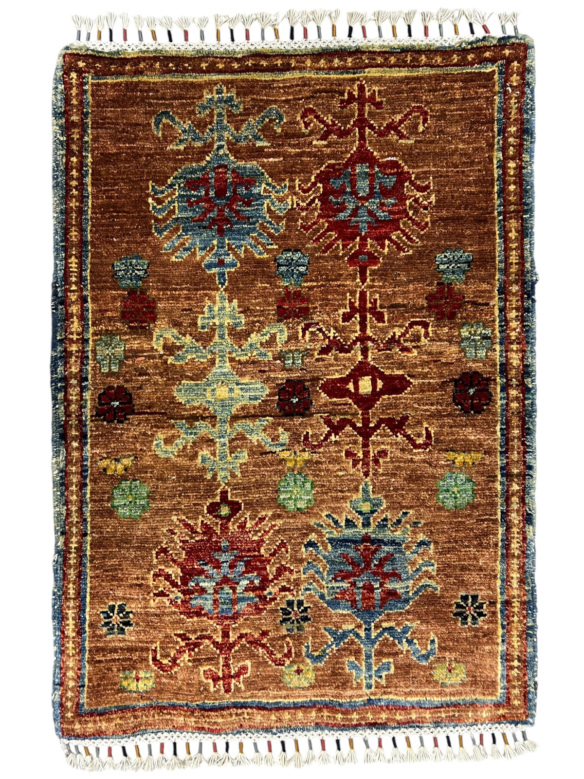 Chobi Khotan Design Rug 2x3 | Rust, Red & Blue | Hand-Knotted Wool