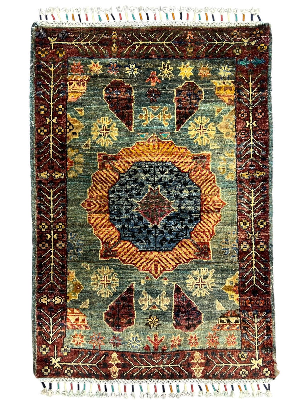 Chobi Mamluk Rug 2x3 | Teal, Brown & Orange | Hand-Knotted Wool