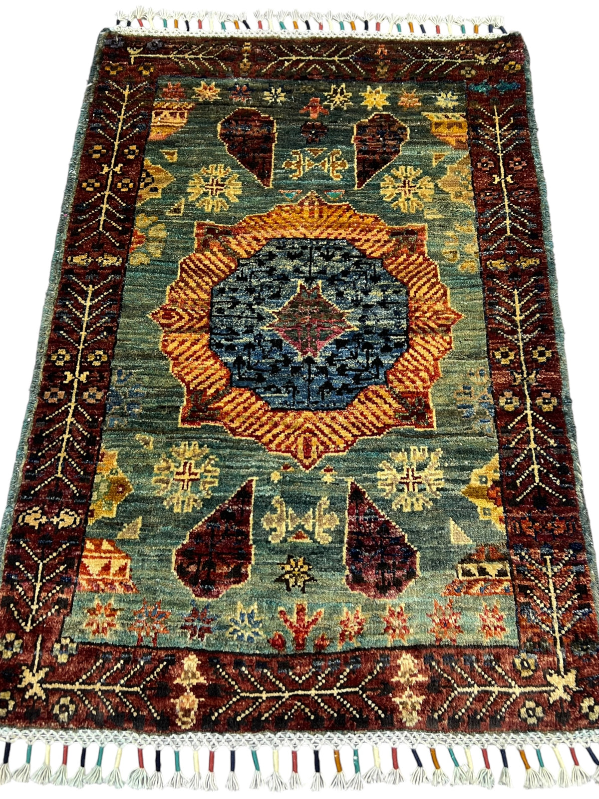 Chobi Mamluk Rug 2x3 | Teal, Brown & Orange | Hand-Knotted Wool