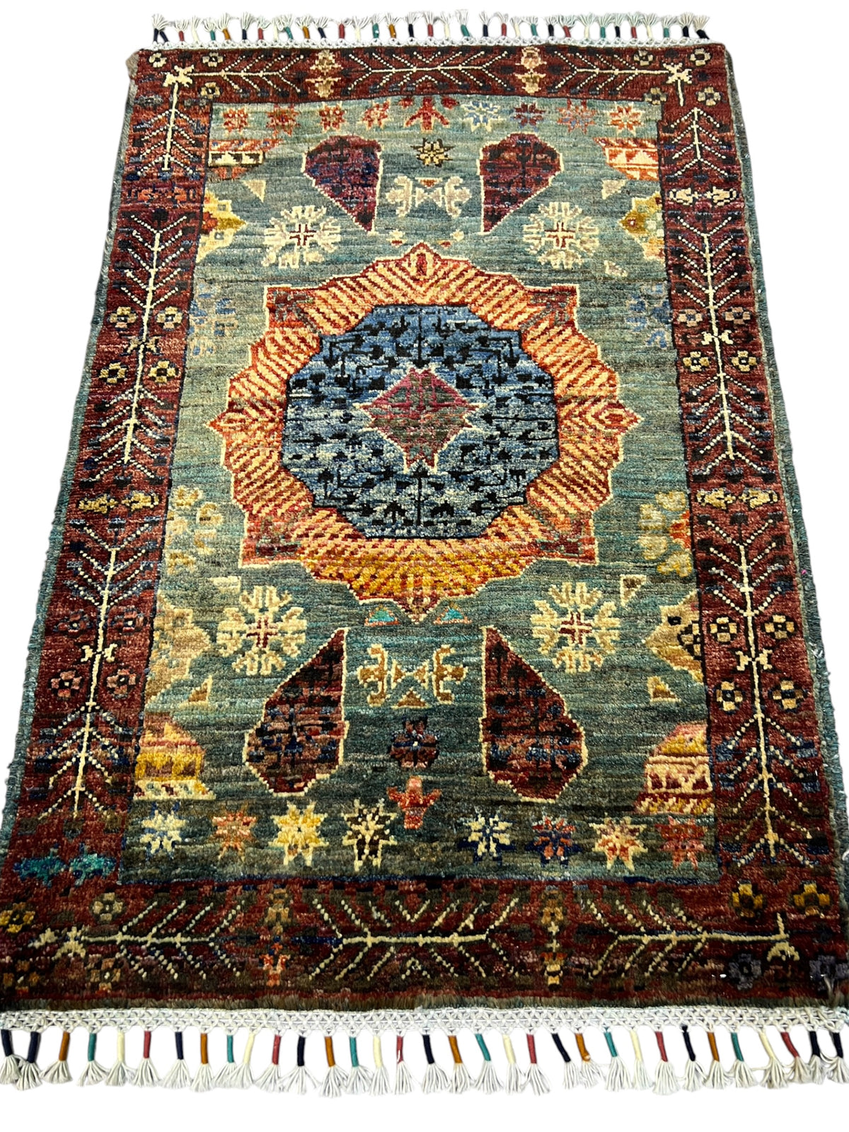 Chobi Mamluk Rug 2x3 | Teal, Brown & Orange | Hand-Knotted Wool