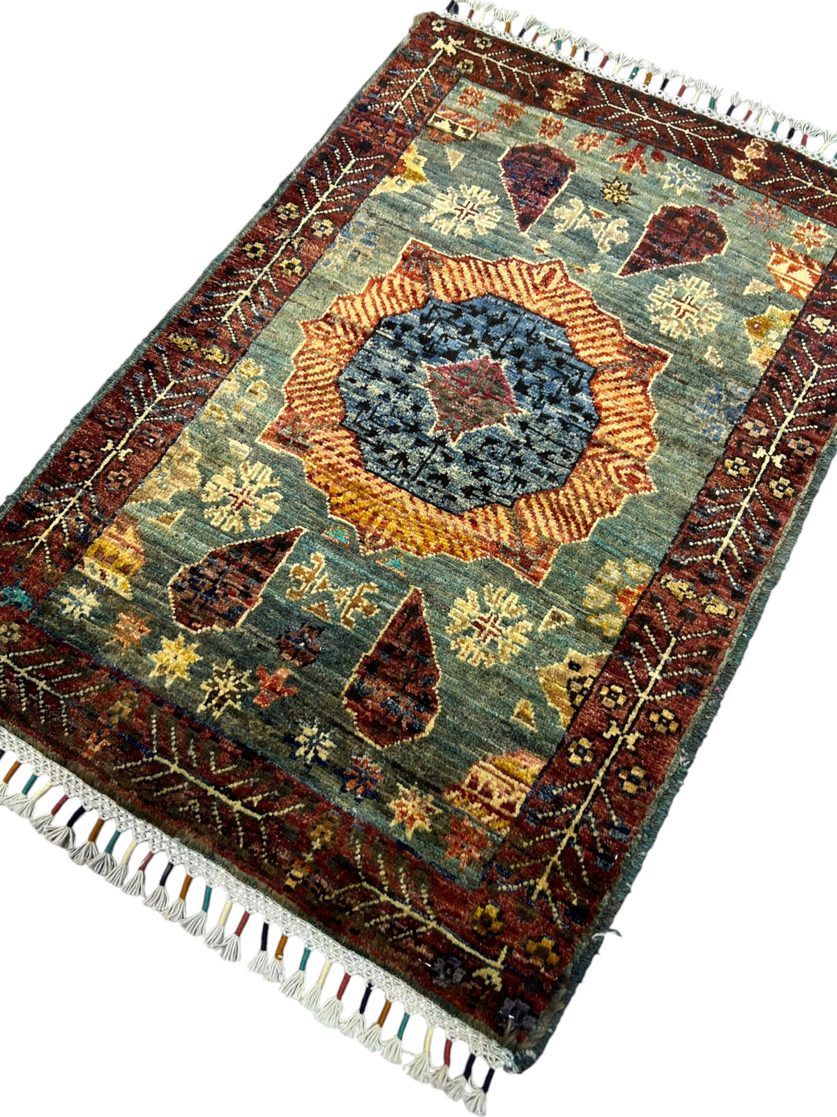 Chobi Mamluk Rug 2x3 | Teal, Brown & Orange | Hand-Knotted Wool