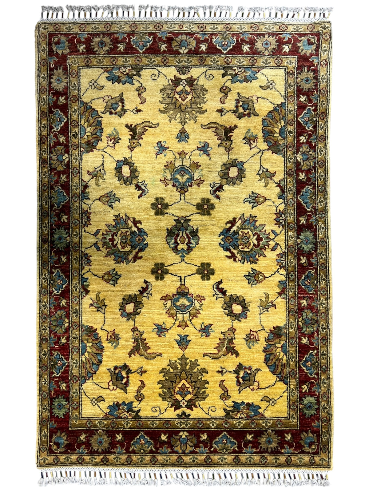 Chobi Ziegler Rug 3x5 | Gold, Burgundy & Green | Hand-Knotted Wool