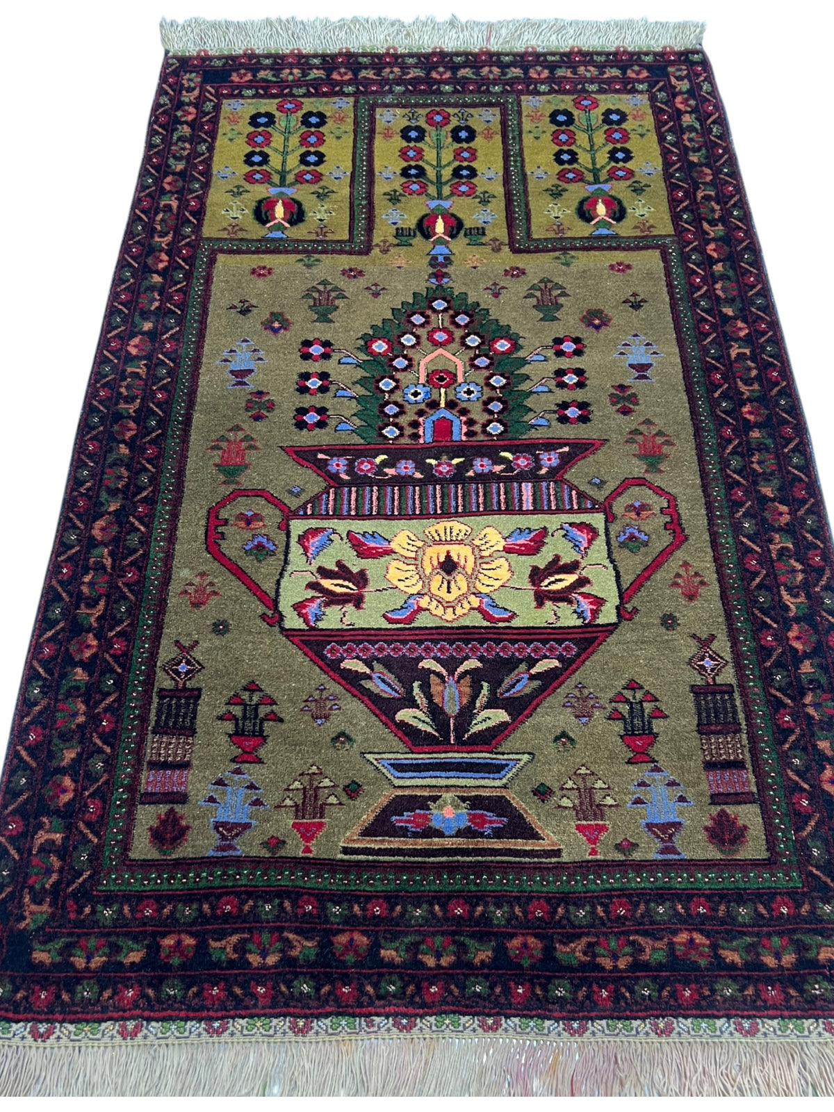 Kazak Prayer Rug 3x5 | Olive, Burgundy & Red | Hand-Knotted Wool