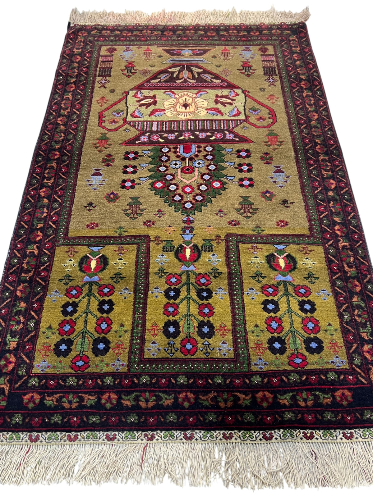 Kazak Prayer Rug 3x5 | Olive, Burgundy & Red | Hand-Knotted Wool