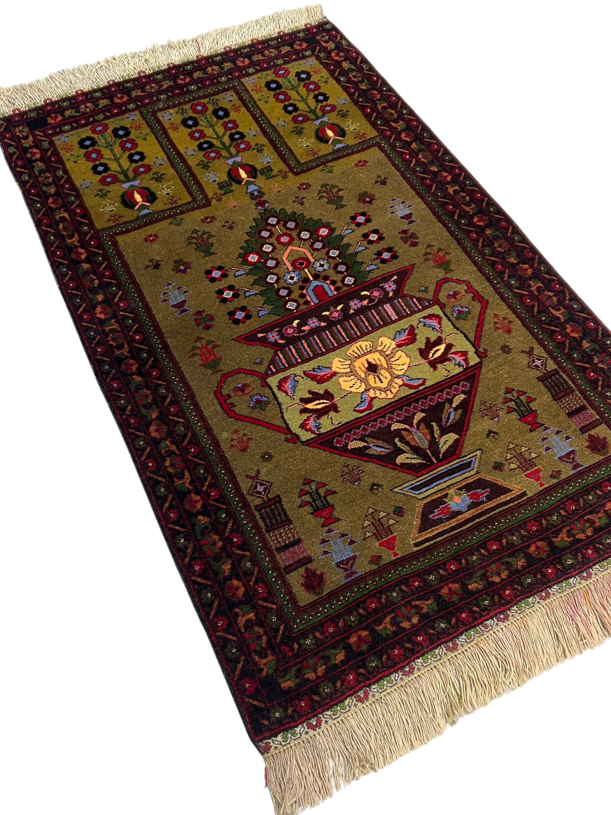 Kazak Prayer Rug 3x5 | Olive, Burgundy & Red | Hand-Knotted Wool