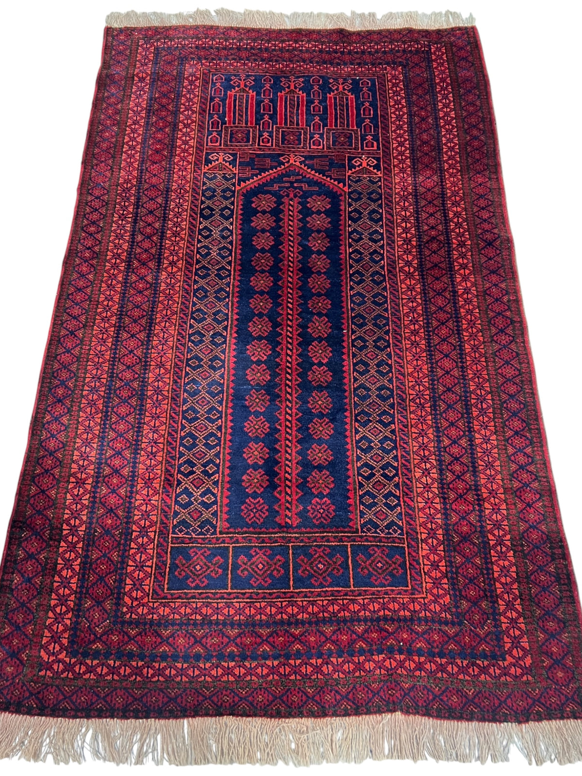 Mosque Prayer Rug 3x5 | Red, Navy & Burgundy | Hand-Knotted Wool