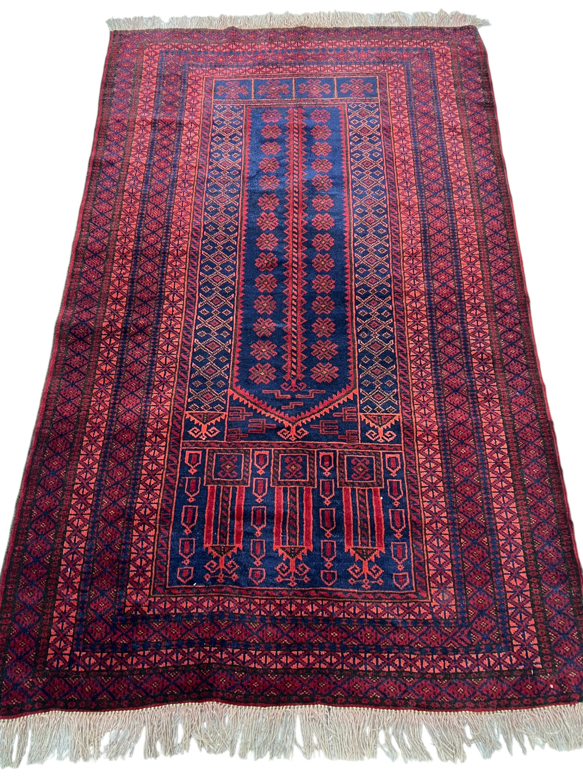 Mosque Prayer Rug 3x5 | Red, Navy & Burgundy | Hand-Knotted Wool