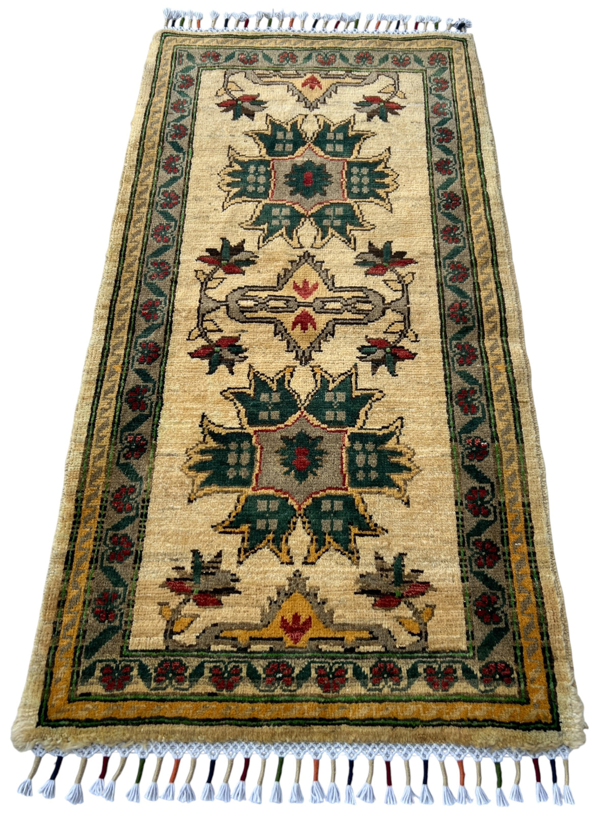 Super Kazak Rug 2x3 | Ivory, Green & Gold | Hand-Knotted Wool