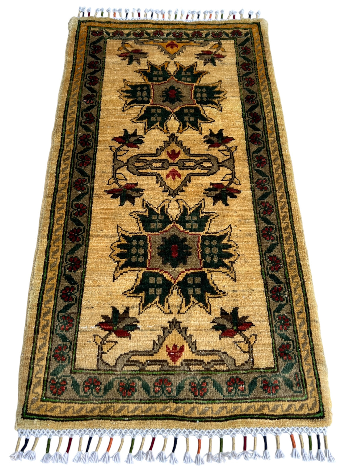 Super Kazak Rug 2x3 | Ivory, Green & Gold | Hand-Knotted Wool