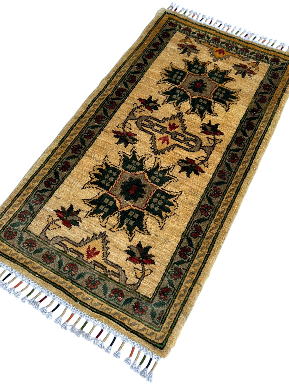 Super Kazak Rug 2x3 | Ivory, Green & Gold | Hand-Knotted Wool