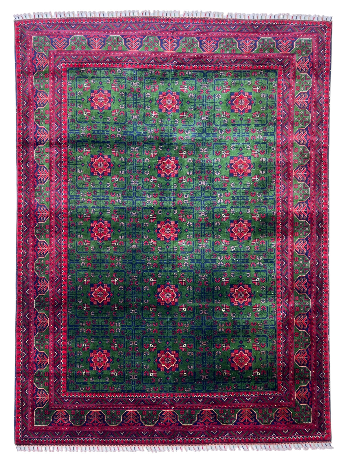 Modern Rug 6x8 | Green, Red & Navy | Hand-Knotted Wool