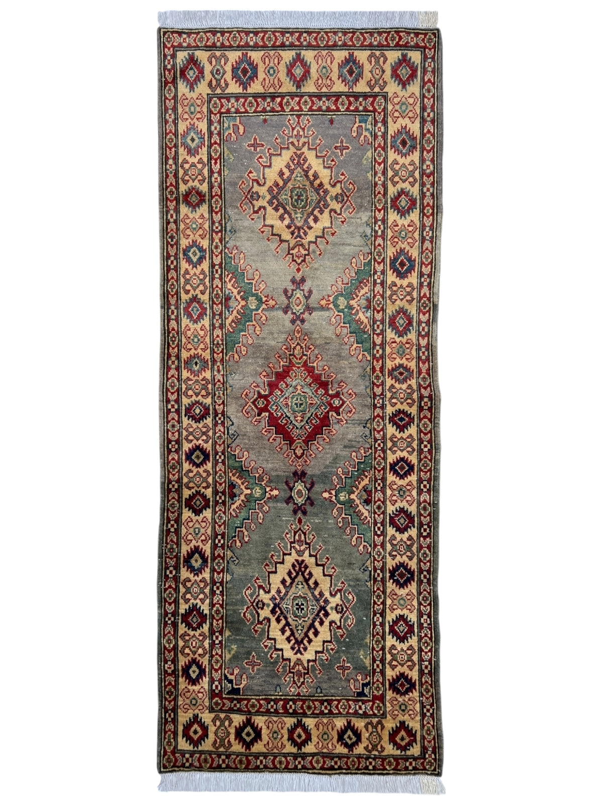 Kazak Runner 3x9 | Gray, Red & Ivory | Hand-Knotted Wool