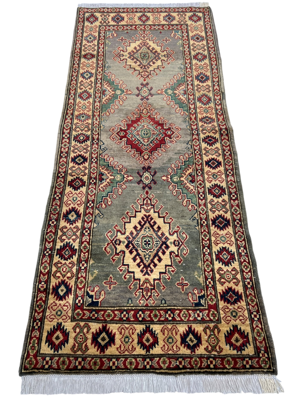 Kazak Runner 3x9 | Gray, Red & Ivory | Hand-Knotted Wool