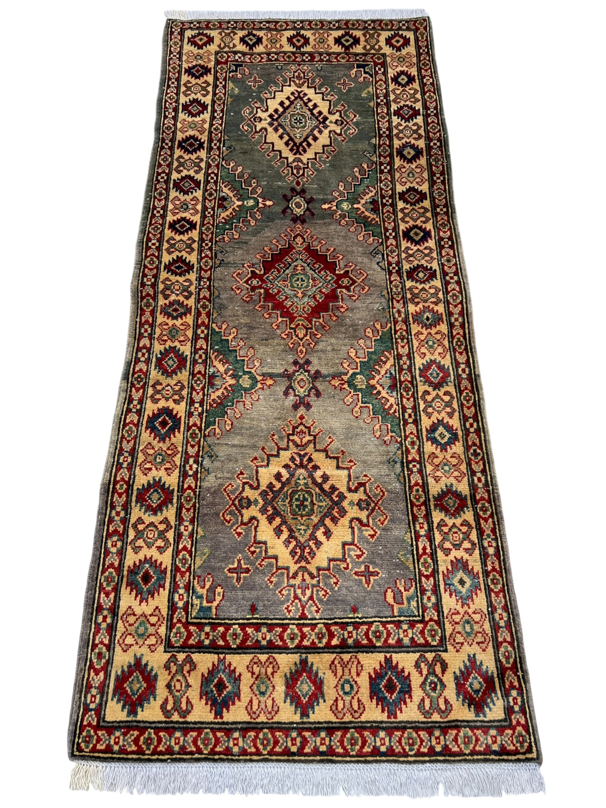 Kazak Runner 3x9 | Gray, Red & Ivory | Hand-Knotted Wool