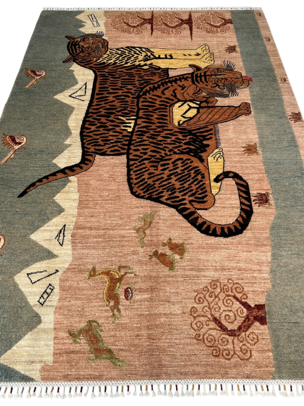 Tiger Pictorial Rug 6x9 | Pink, Gray & Brown | Hand-Knotted Wool