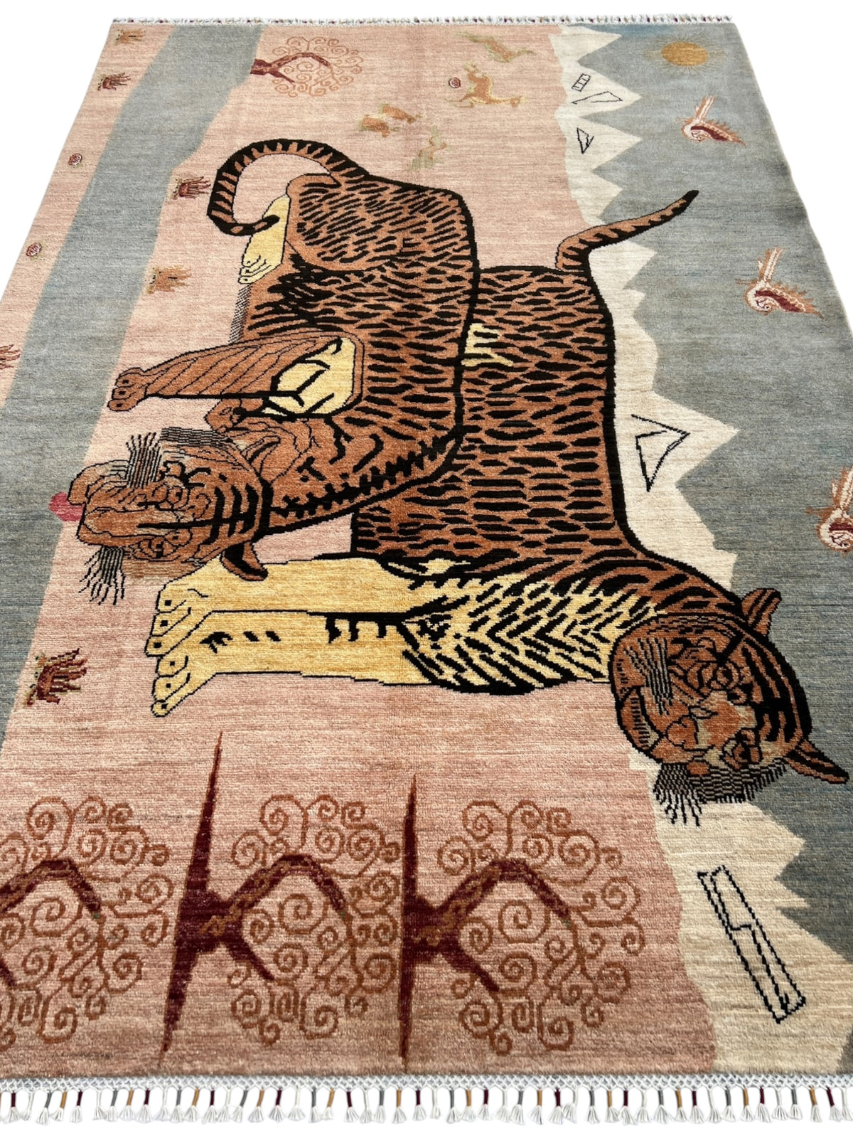 Tiger Pictorial Rug 6x9 | Pink, Gray & Brown | Hand-Knotted Wool